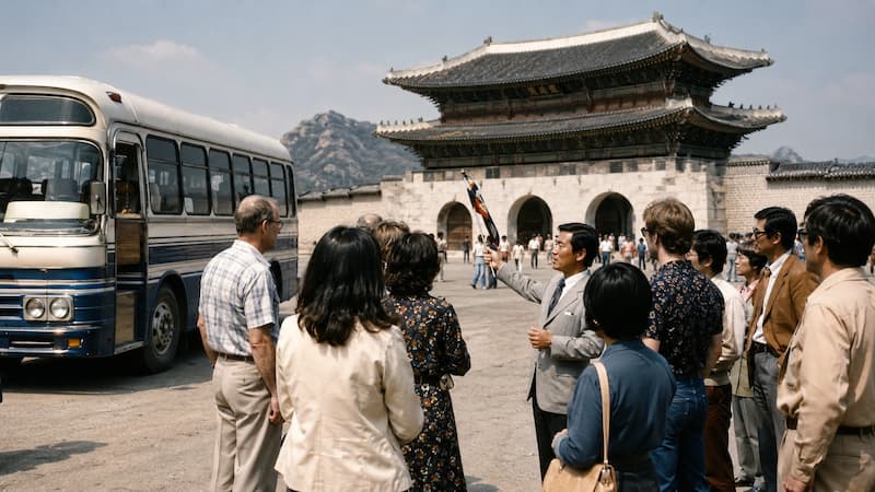 1970년대 한국 궁궐 앞에서 외국인 관광객을 안내하는 관광통역안내사와 관광버스 이미지