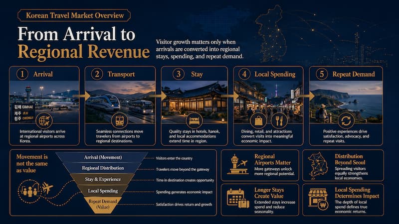 Infographic showing how visitor arrivals can be converted into regional stays, local spending and repeat demand