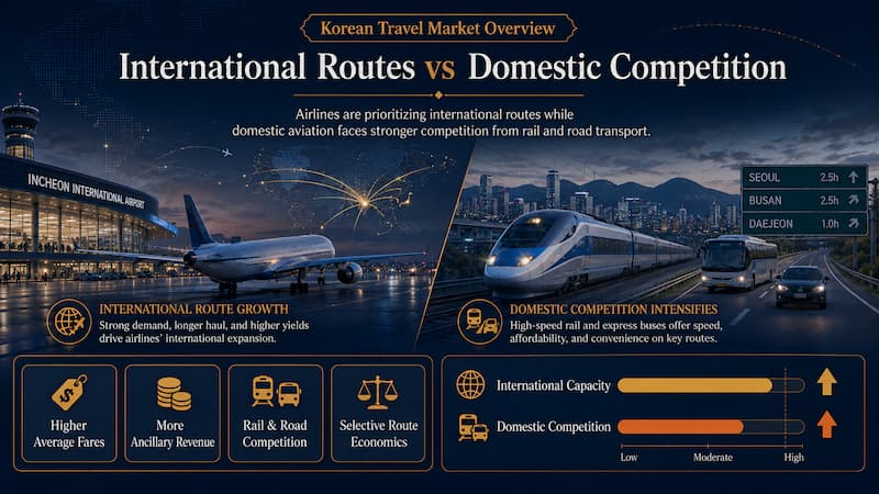 Infographic comparing international route expansion with growing competition in Korea’s domestic transport market