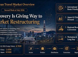 Korean Travel Market Overview|Korea’s Travel Recovery Enters a Restructuring Phase Korean Travel Market Overview infographic for the second week of July 2026