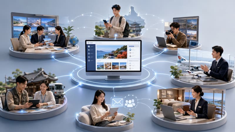 Travel agents FIT travellers media airlines hotels DMCs and newsletter subscribers connected through one Korean-market online base camp