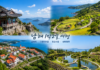 남해 바다와 산, 금산 보리암 조망, 가천 다랭이마을 계단식 논, 독일마을 붉은 지붕, 섬이정원 돌담 정원을 함께 보여주는 여행 이미지
