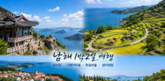 남해 1박2일 여행, 한국 같지 않은 풍경 만나는 보리암·다랭이마을·독일마을·섬이정원 남해 바다와 산, 금산 보리암 조망, 가천 다랭이마을 계단식 논, 독일마을 붉은 지붕, 섬이정원 돌담 정원을 함께 보여주는 여행 이미지