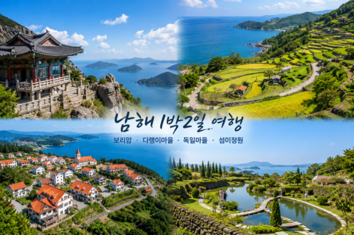 남해 바다와 산, 금산 보리암 조망, 가천 다랭이마을 계단식 논, 독일마을 붉은 지붕, 섬이정원 돌담 정원을 함께 보여주는 여행 이미지