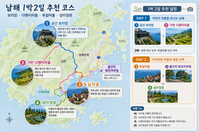 남해 금산 보리암 가천 다랭이마을 독일마을 섬이정원을 잇는 1박2일 여행 동선