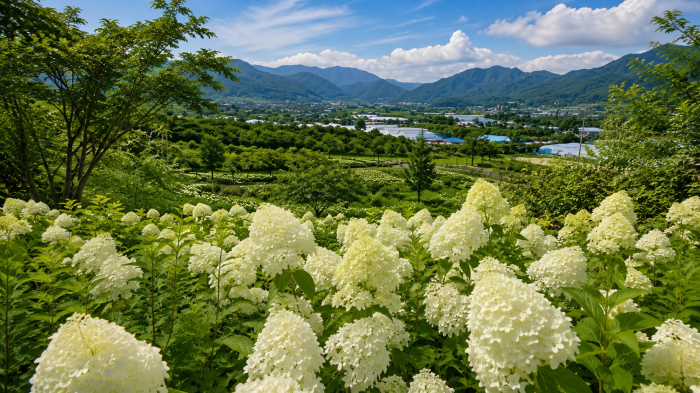 옥천묘목공원 흰 목수국 군락과 푸른 산세