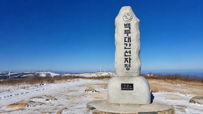 대관령 선자령 능선의 풍력발전기 아래를 걷는 탐방객