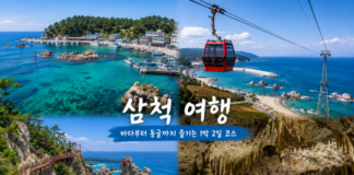 삼척 장호항의 투명한 바다, 삼척해상케이블카, 초곡용굴촛대바위길 해안 절벽, 환선굴 동굴 풍경을 보여주는 여행 이미지