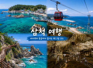 삼척 장호항의 투명한 바다, 삼척해상케이블카, 초곡용굴촛대바위길 해안 절벽, 환선굴 동굴 풍경을 보여주는 여행 이미지