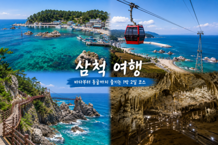 삼척 장호항의 투명한 바다, 삼척해상케이블카, 초곡용굴촛대바위길 해안 절벽, 환선굴 동굴 풍경을 보여주는 여행 이미지