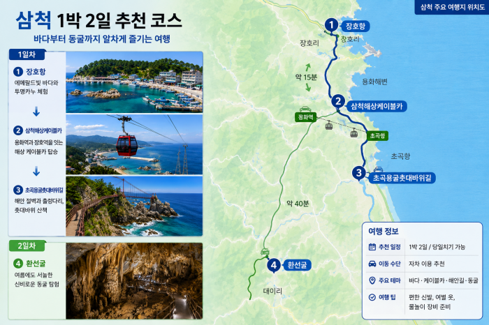 장호항 삼척해상케이블카 초곡용굴촛대바위길 환선굴을 잇는 삼척 1박2일 여행 동선