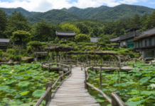 산청 수선사 연꽃 연못, 무료로 걷는 웅석봉 정원 사찰 산청 수선사 연꽃 연못과 나무 데크길, 웅석봉 여름 전경