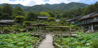산청 수선사 연꽃 연못과 나무 데크길, 웅석봉 여름 전경
