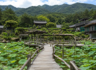 산청 수선사 연꽃 연못, 무료로 걷는 웅석봉 정원 사찰 산청 수선사 연꽃 연못과 나무 데크길, 웅석봉 여름 전경