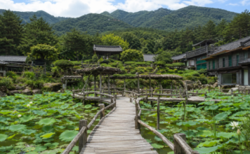 산청 수선사 연꽃 연못, 무료로 걷는 웅석봉 정원 사찰 산청 수선사 연꽃 연못과 나무 데크길, 웅석봉 여름 전경