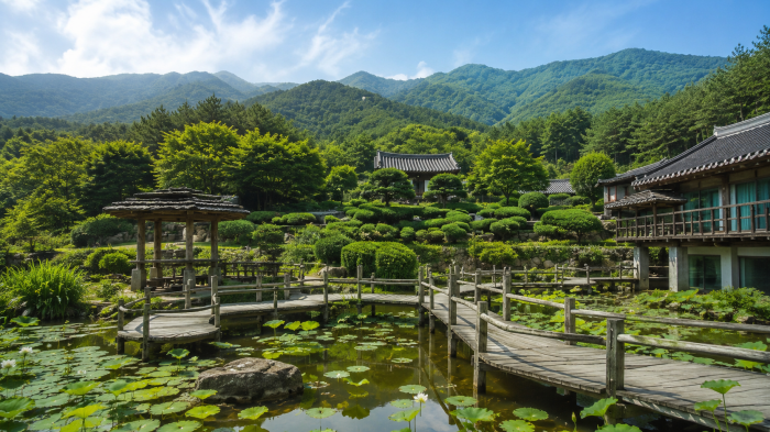 산청 수선사 연못과 너와지붕 쉼터, 목재 산책로