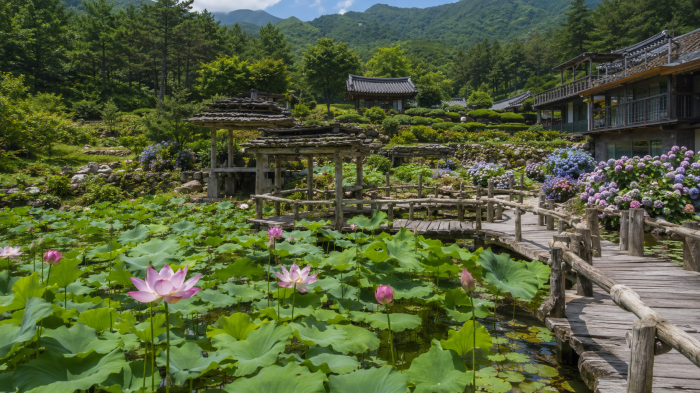 산청 수선사 연꽃과 연잎, 나무다리가 어우러진 여름 연못