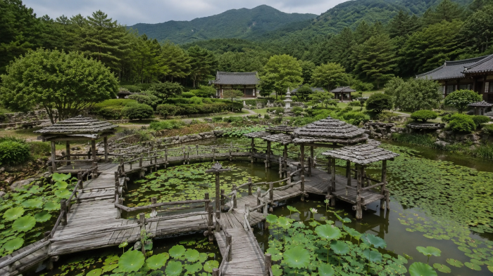 산청 수선사 연못 위 굽은 나무다리와 쉼터
