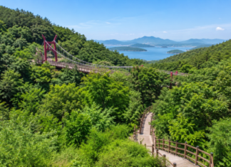 울창한 숲과 서해를 배경으로 이어지는 석모도수목원 출렁다리