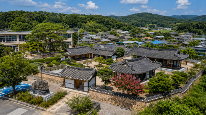 능소화가 핀 지수승산부자마을 한옥 대문과 돌담