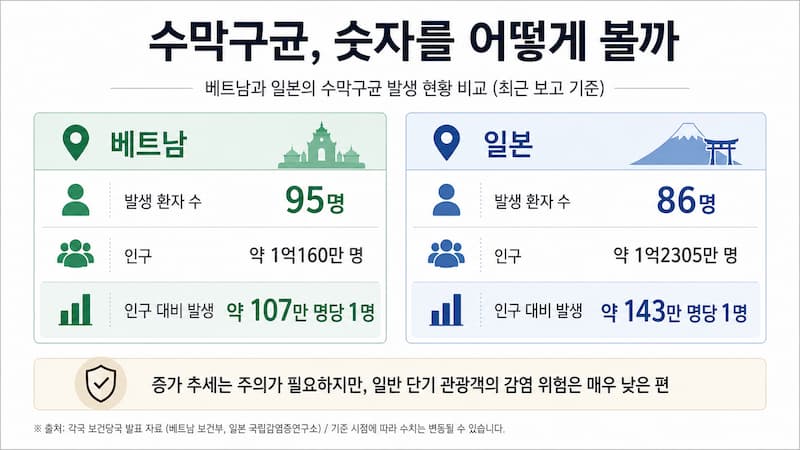 베트남 95명과 일본 86명의 수막구균 환자 수를 인구 대비로 비교한 인포그래픽