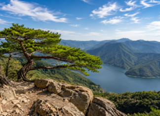 완주 운암산, 대아호와 기암절벽을 한눈에 담는 완주의 수문장 완주 운암산 바위 능선 위 명품 소나무와 대아호, 산줄기 조망