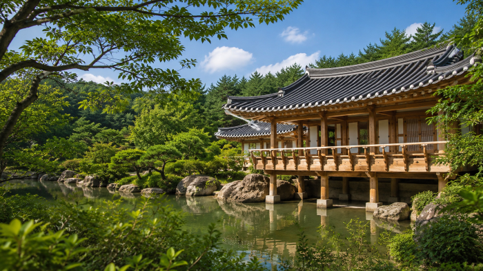 메덩골정원 숲속 한옥과 연못, 물가 산책로와 녹음 풍경
