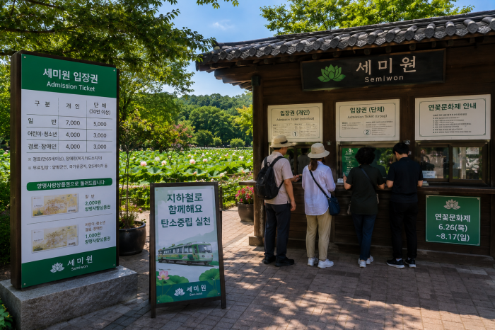 세미원 입장권과 양평사랑상품권, 연꽃문화제 안내판을 확인하는 방문객