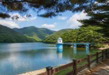 양산 법기수원지, 79년 통제 뒤 열린 100년 숲…140년 반송 따라 걷는 무료 산책길 푸른 산과 파란 취수탑이 보이는 양산 법기수원지 전경