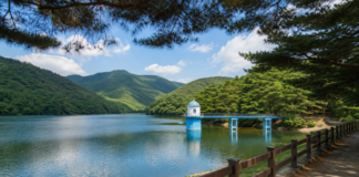 푸른 산과 파란 취수탑이 보이는 양산 법기수원지 전경