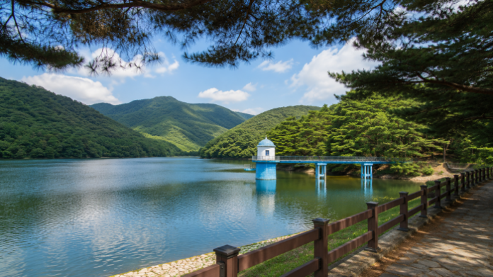 푸른 산과 파란 취수탑이 보이는 양산 법기수원지 전경