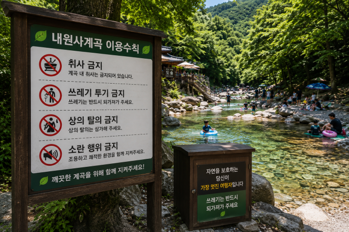 취사 금지와 쓰레기 되가져가기 등 내원사계곡 환경보호 수칙을 지키며 이용하는 피서객