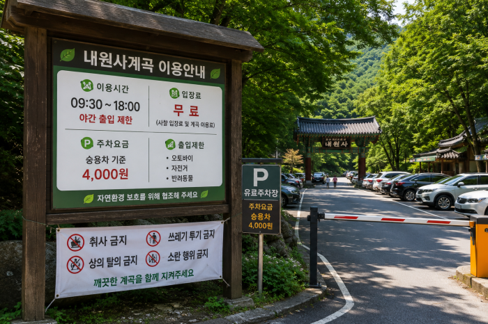 양산 내원사계곡 입구 주차장과 이용 안내 표지 주변 풍경