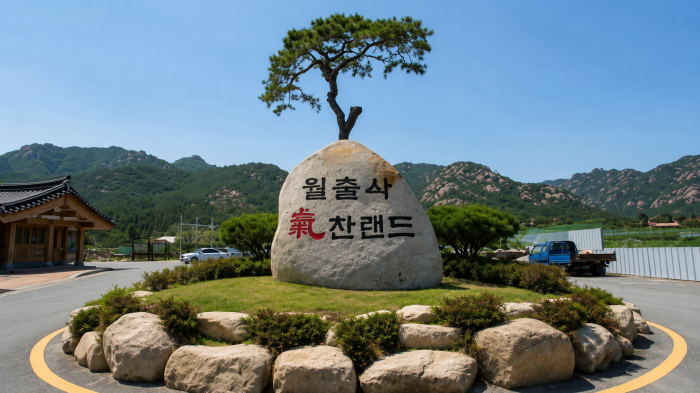 월출산을 배경으로 세워진 영암 기찬랜드 표지석