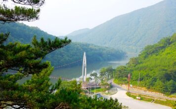 괴산호 위를 가로지르는 괴산 연하협구름다리 전경