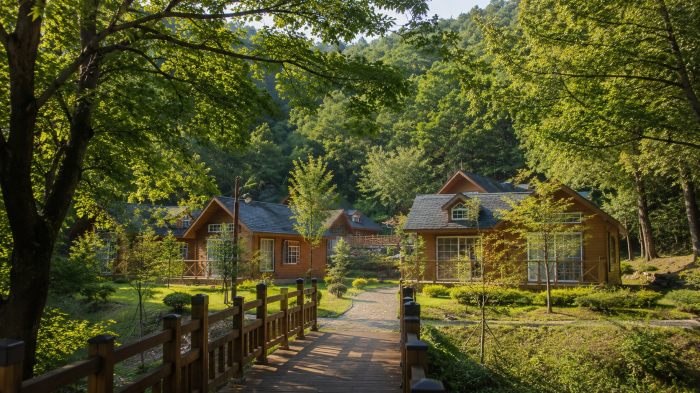 용인자연휴양림 숲속 숙박동과 목재 보행로