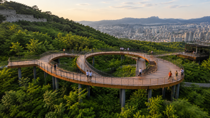 유아차와 함께 걸을 수 있는 용마산 중랑동행길 무장애 데크