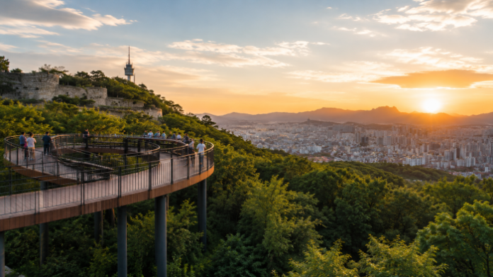 yongmasan-skywalk-seoul-sunset-panorama 서울 도심과 산줄기를 내려다보는 용마산 스카이워크의 일몰 풍경