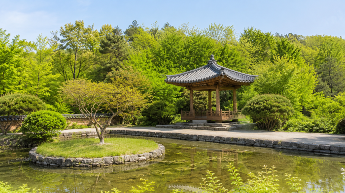 산림과 주차장을 포함한 대구수목원 전체 항공 전경