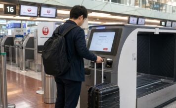 하네다공항 국내선 수하물 자동위탁기에서 캐리어를 맡기는 여행객