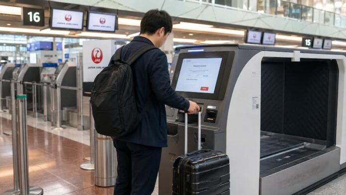 하네다공항 국내선 수하물 자동위탁기에서 캐리어를 맡기는 여행객