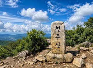 푸른 하늘과 문경 산줄기를 배경으로 선 천주산 해발 836m 정상석