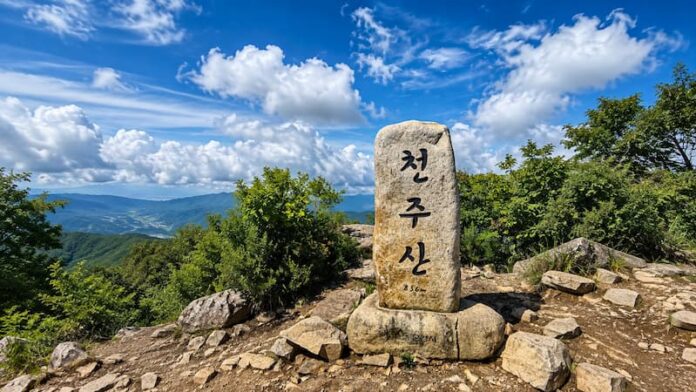 푸른 하늘과 문경 산줄기를 배경으로 선 천주산 해발 836m 정상석