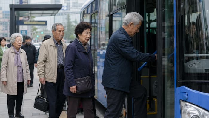 지하철 승강장에서 교통카드를 확인하는 고령의 남녀 승객