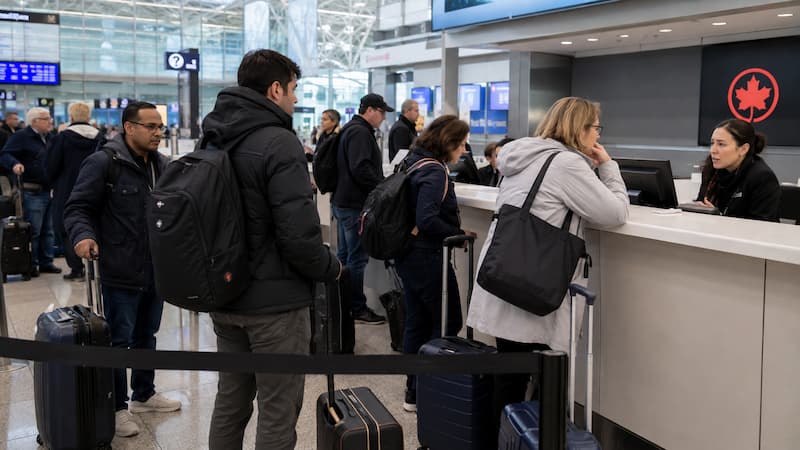 캐나다 공항 항공사 카운터에서 재예약을 기다리는 승객들