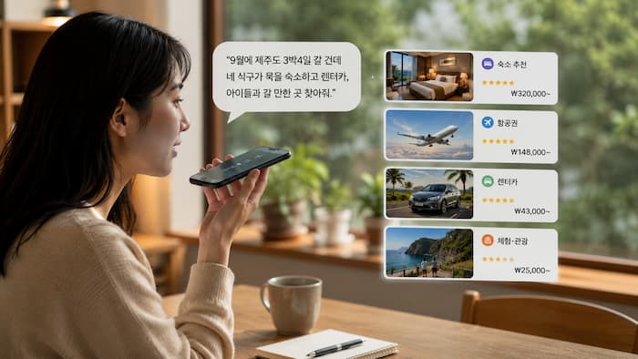 AI가 호텔 항공 교통 체험 예약 시스템과 연결되는 여행 서비스 구조