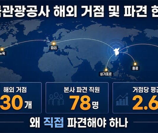 세계지도 위에 한국관광공사 해외 30개 거점과 본사 파견 직원 78명, 거점당 평균 2.6명을 표시한 인포그래픽