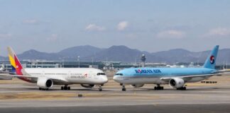 공항 활주로에서 아시아나항공기와 대한항공기가 나란히 서 있는 모습