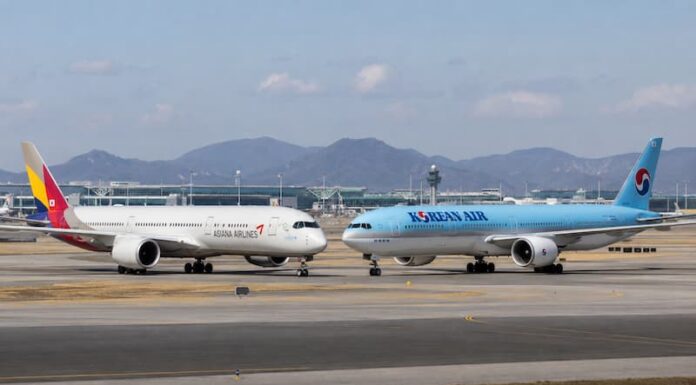공항 활주로에서 아시아나항공기와 대한항공기가 나란히 서 있는 모습