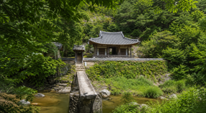 안동 만휴정 정자와 계곡을 건너는 외나무다리 전경